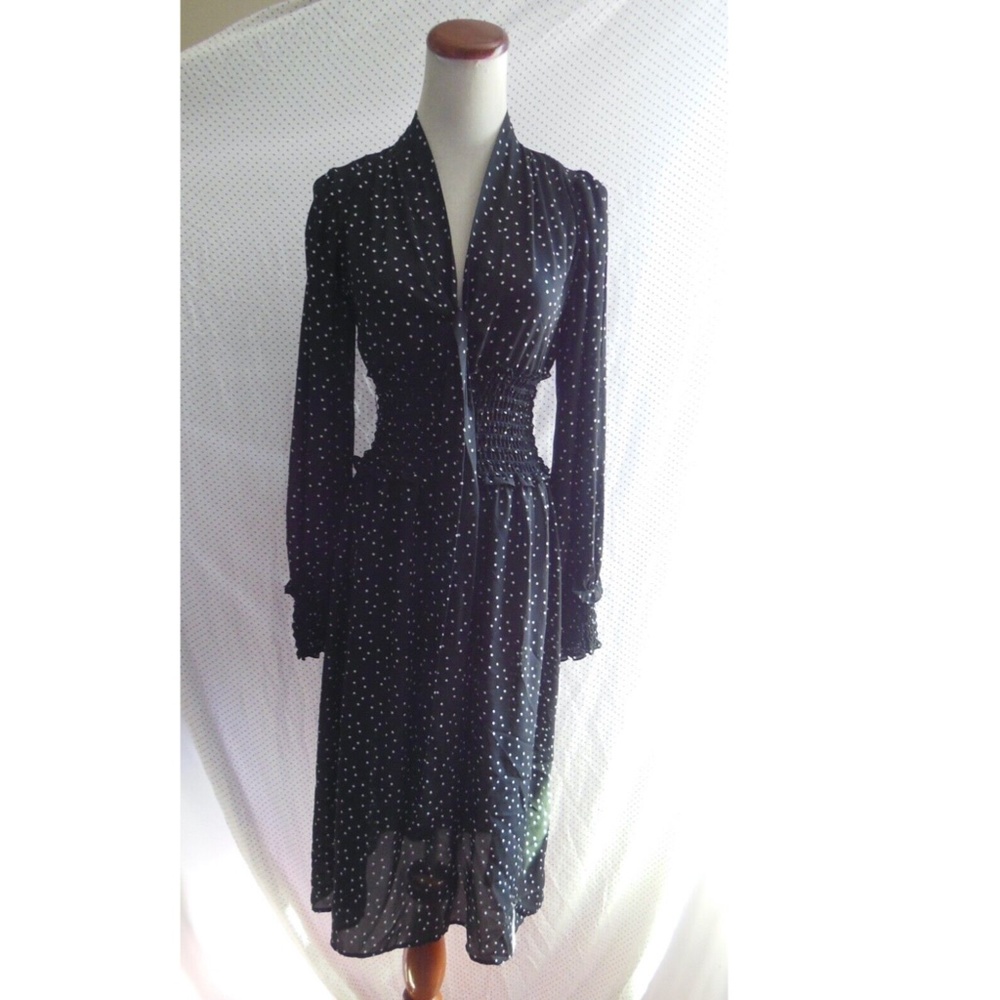 NEW MAX STUDIO Black CHIFFON Smocked Waist POLKA DOT Neck Tie MIDI DRESS XS - Picture 3 of 11